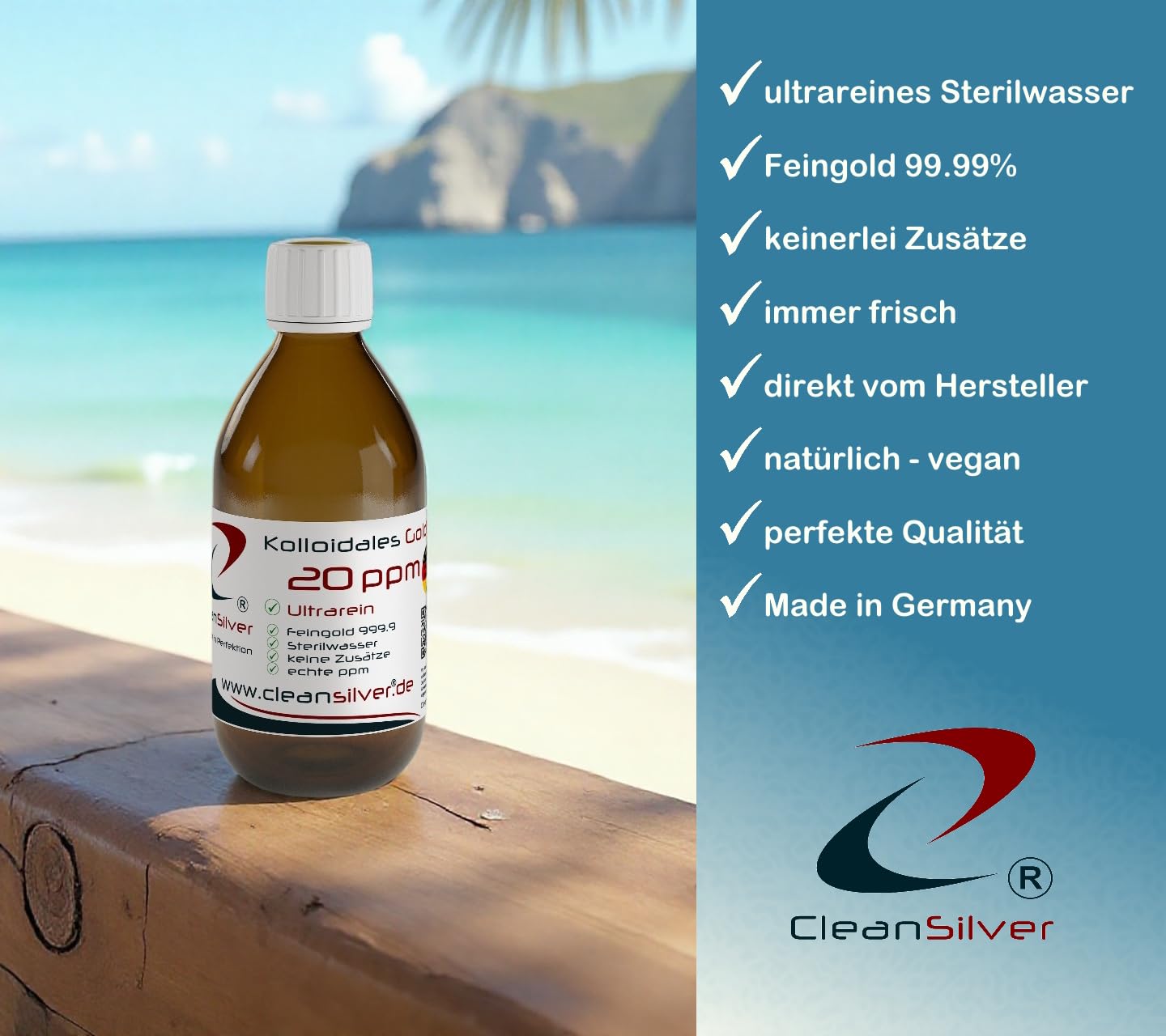 CleanSilver - Kolloidales Gold 20 ppm - 250ml - Ultrarein: Sterilwasser und Feingold 99,99% - Made in Germany - stets frisch, keine Lagerware!