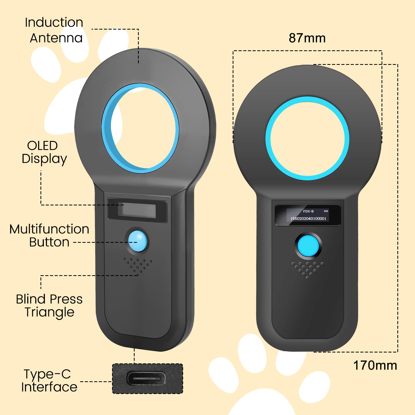 Scanner de micropuce pour animaux domestiques, lecteur d'identification d'animaux domestiques, Lecteur de micropuce RFID,128 pièces mémoire d'information d'étiquette, ISO11784/85/HFDX-B/EMID