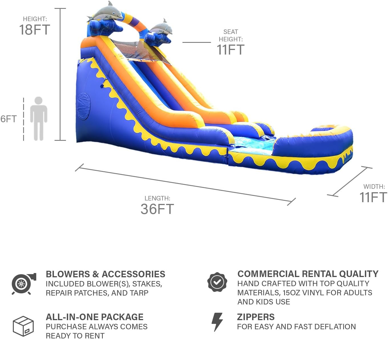 JumpOrange Commercial Grade Inflatable 18' Dolphin Splash Super Party Water Slide, 100% PVC VINYL With Air Blower