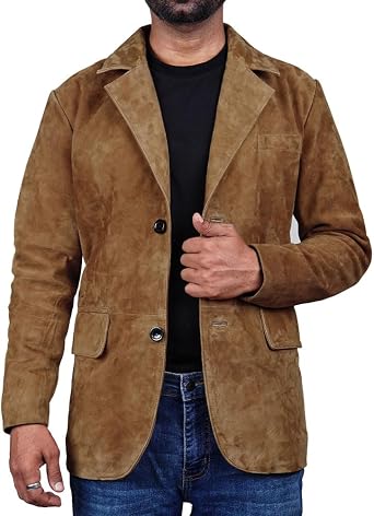 Classic Mens Suede Leather Blazer Sport Jacket - 2 Button Closure Coat Style Single Breasted Blazer for Men