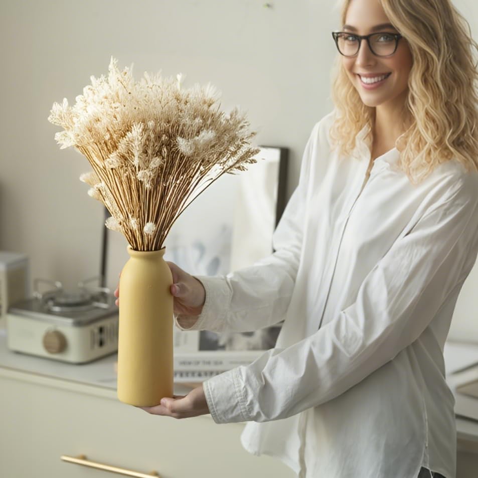 Ceramic Vase Set-3, Small Flower Vases for Decor, Modern Boho Farmhouse Style, Decorative Vases for Pampas Grass & Dried Flowers, Distressed Finish (Yellow) - Image 2