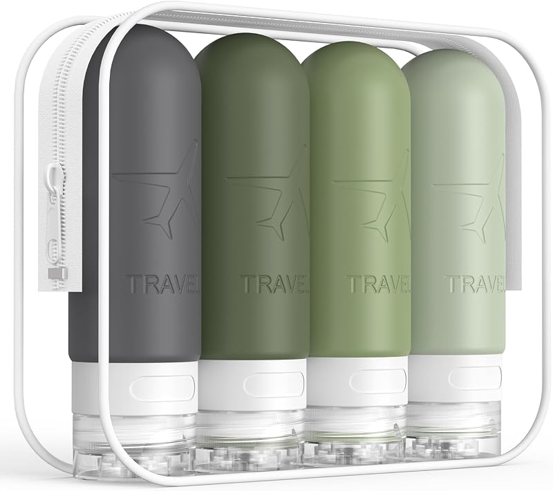 Frascos de silicone recarregáveis para viagem ME.FAN Desert Sage, 4 unidades com etiquetas e bolsa
