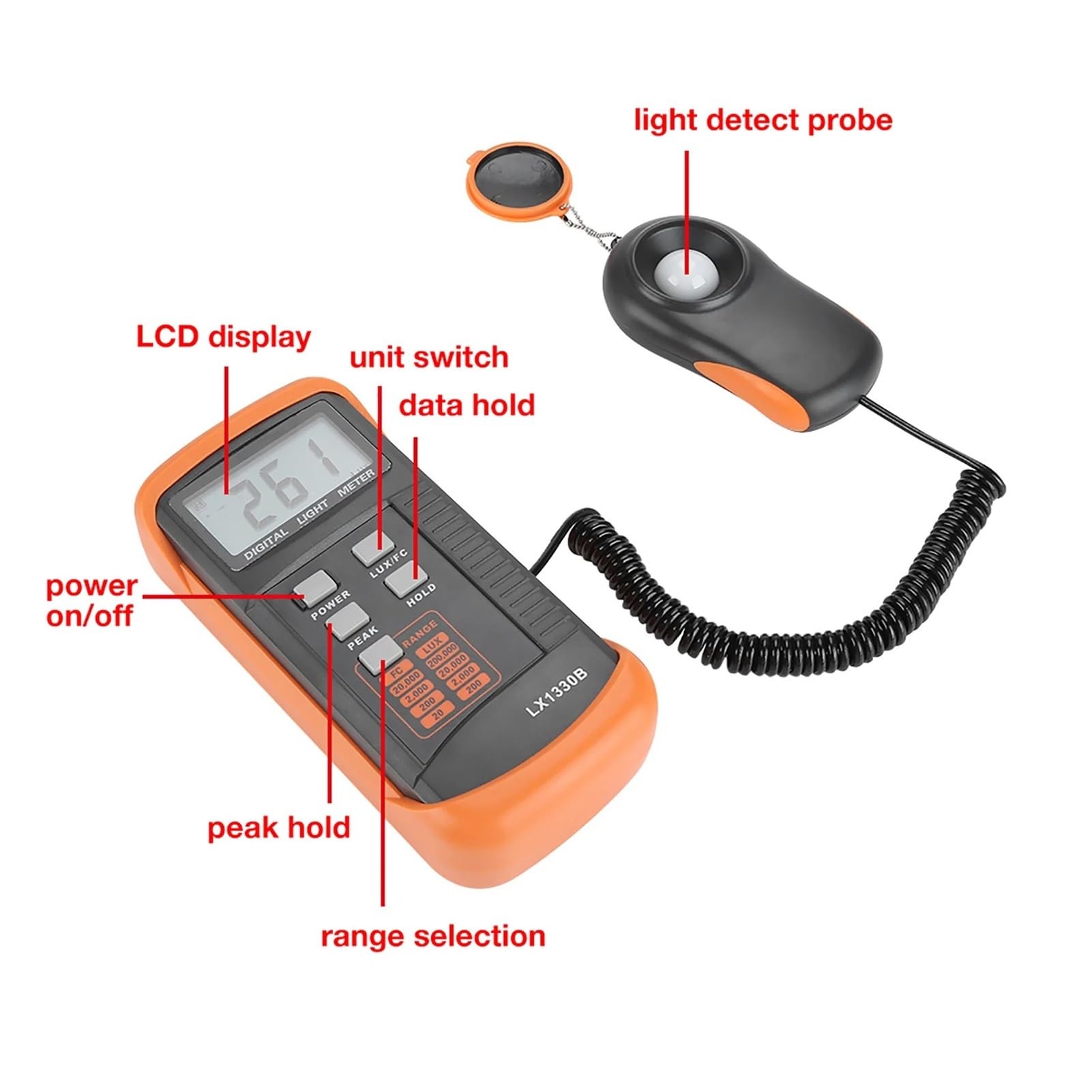 Espectrofotómetro, LX1330B Luxómetro Digital Pantalla LCD Medidor De Luz 0-200,000 Lux Iluminómetro Prueba