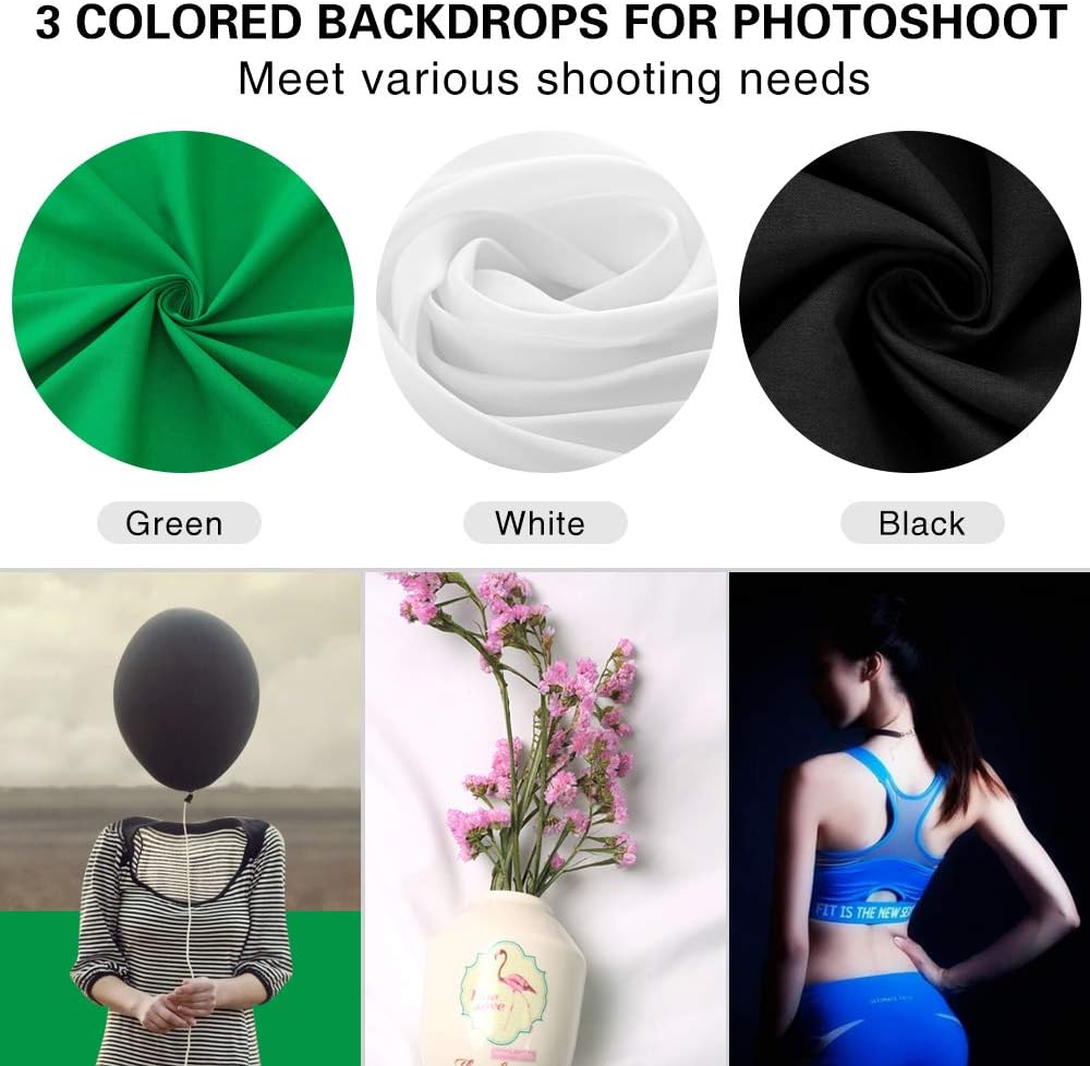 Bеѕt Cуbеr Mоndау 🔥 Photo Studio Kit 6.5 X 10 ft Backdrop Stand Background Support System with Cotton Chromakey Screen Muslin Backdrop (White, Black, Green) for Portrait Product Video Shooting