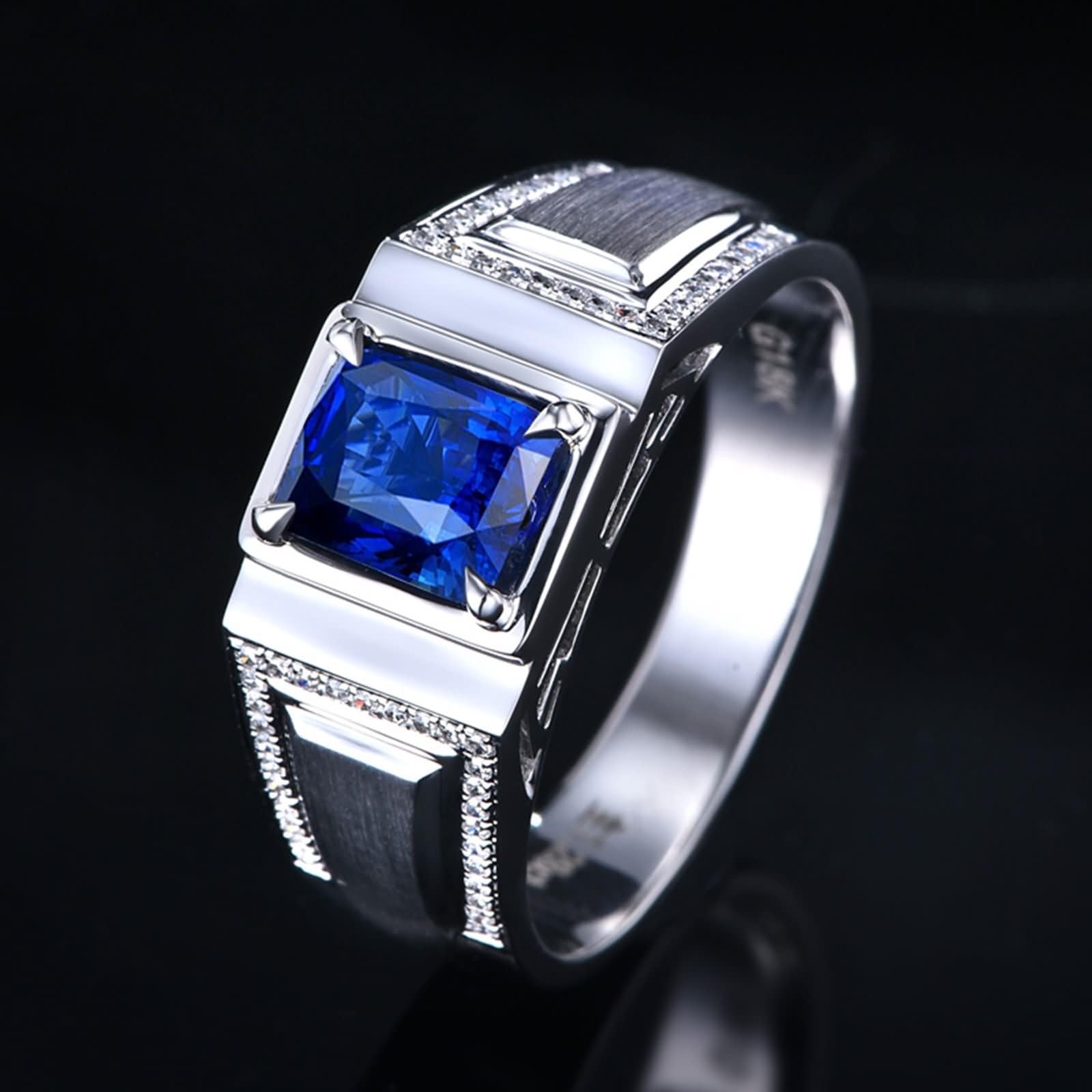 Pierścionki w kolorze złotym dla mężczyzn, pierścionki męskie, ślubne, prawdziwa biżuteria z szafirem laboratoryjnym 1,28 karata i moissanite, rozmiar od 54 do 70