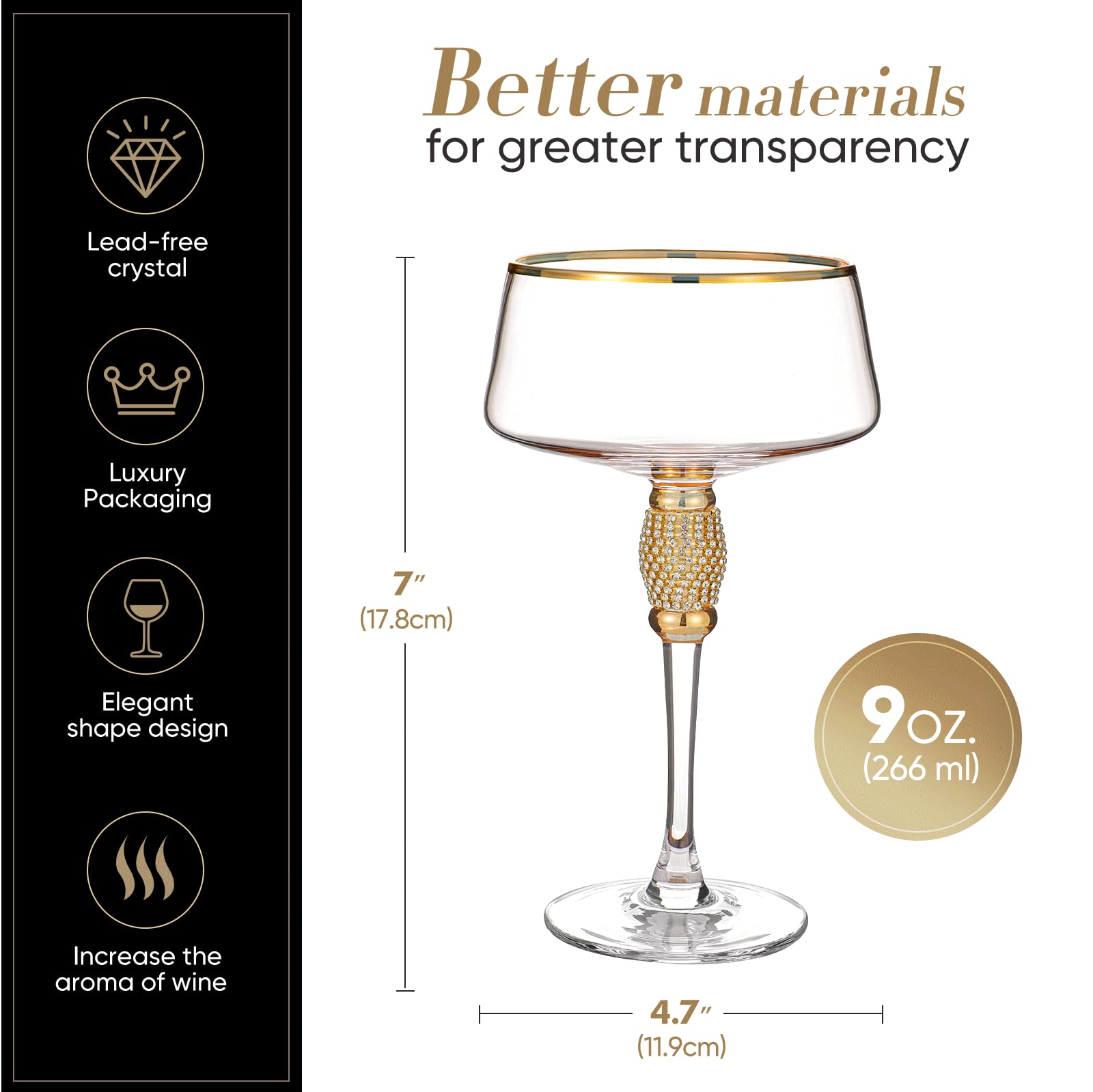 MALELOTE, set di 4 bicchieri da Martini, eleganti e splendidi bicchieri da margarita, tazza in vetro coupé, bicchieri da cocktail e calice. Per bar, feste in casa, Martini, Cosmopolitan, Gimlet,
