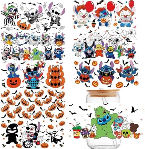 10Sheets UV DTF Cup Wrap Transfer Stickers For Glass 10 Styles Halloween Cute Ghost Pumpkin Rub Transfers Decal 16oz Cups Furniture Craft