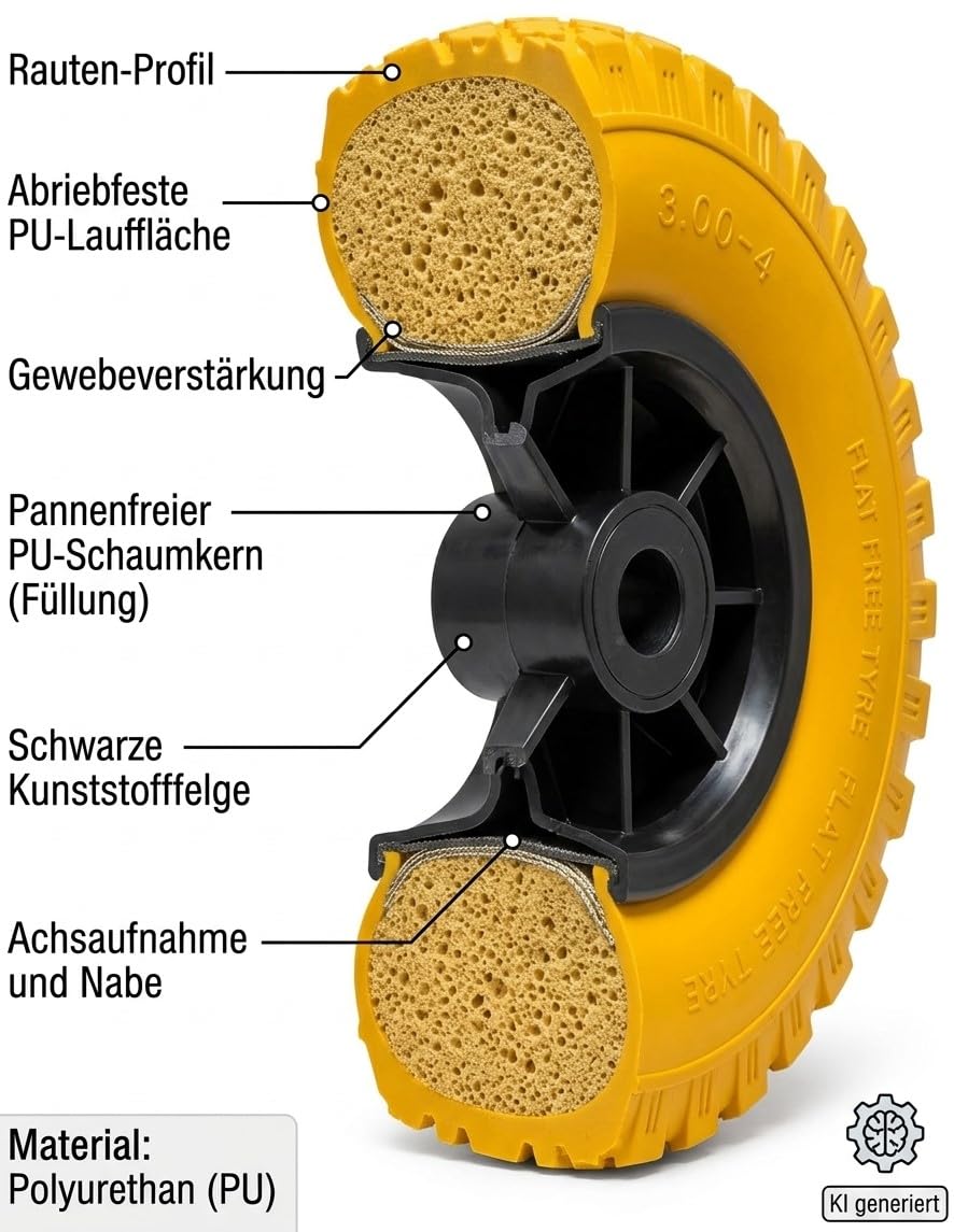 Sackkarrenrad 3.00-4 PU Pannensicher (4er Set) – Gelbe Ersatzräder mit schwarzer Kunststofffelge – Vollgummi Reifen für Handwagen, Sackkarren & Bollerwagen – Unplattbar, schwarz/gelb