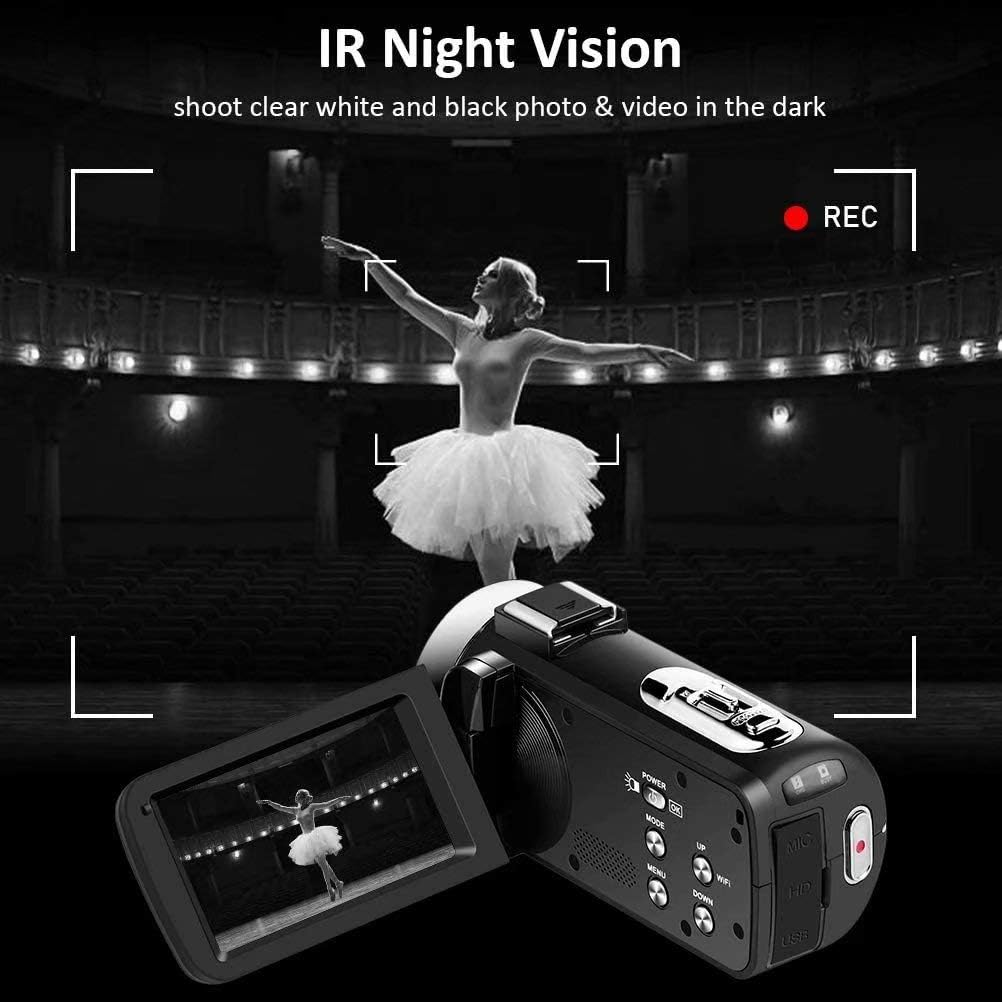 Video Camera 1080P Camcorder Full HD 30FPS 24MP Vlogging Camera for YouTube IR Night Vision 16X Digital Zoom Time Lapse Webcam YouTube Camera with Microphone Remote Control Lens Hood and 2 Batteries