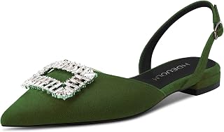Women Chunky Block Low Heel Pointed Toe Flats Shoes Slingback Rhinestone Crystal Prom Dress Shoes