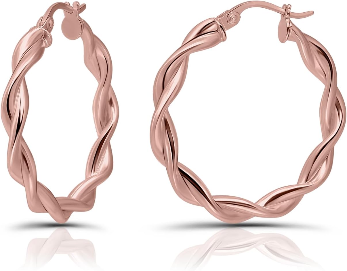 Hoops & Loops 925 Sterling Silver Twisted Hoop Earrings for Women, Silver/Gold/Rose Gold 3mm Twist Hypoallergenic Hoop Earrings 15/20/25/30/35/40mm