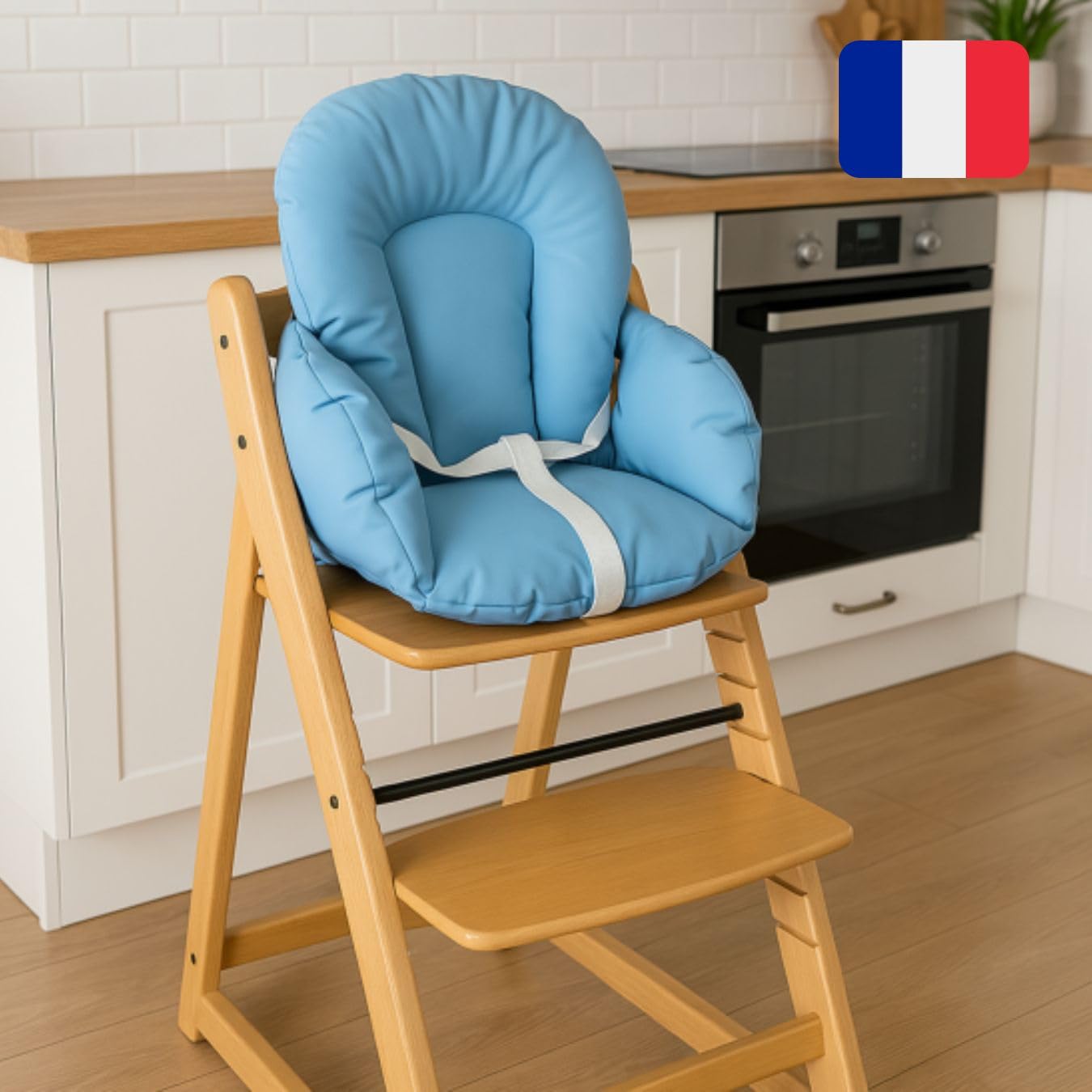 Easy Dort – Cojín de silla alta para bebé de poliuretano – con correas, fabricado en Francia – Azul