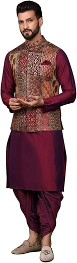KISAH Men's Kurta Jacket Dhoti Set, Black Cotton Blend, Jacquard Regular Fit Mandarin Collar Long Sleeves