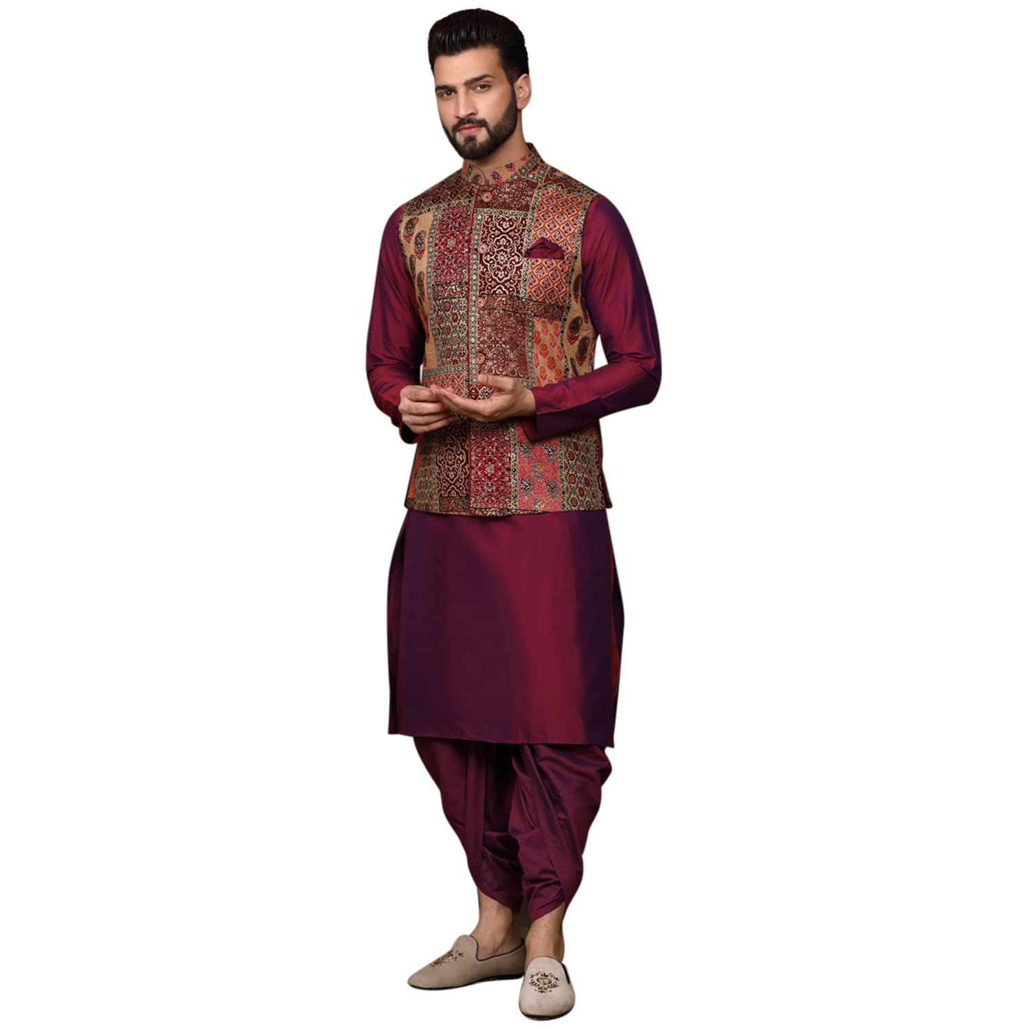 kisah Men's Kurta Jacket Dhoti Set, Black Cotton Blend, Jacquard Regular Fit Mandarin Collar Long Sleeves-picture-49