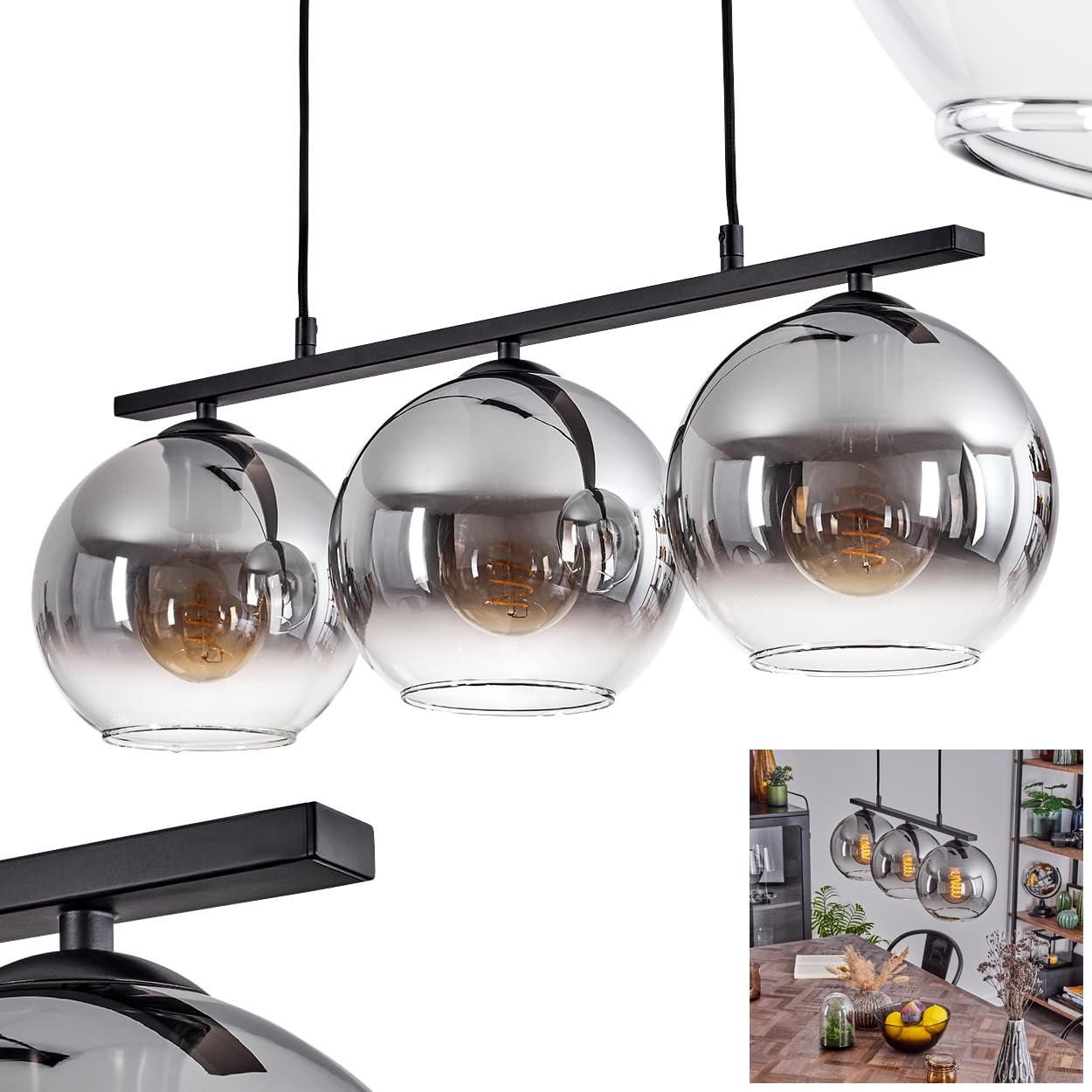 Pendelleuchte Koyoto, Hängelampe aus Metall/Glas in Schwarz/Rauchfarben/Klar, Hängeleuchte im Retro/Vintage-Design mit Glasschirmen (Ø 20 cm), 3-flammig, Höhe max. 116,5 cm, 3 x E27, ohne Leuchtmittel