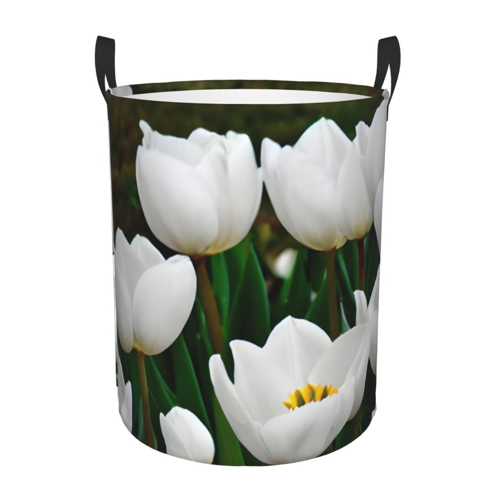 M Collapsible Laundry Hamper Round White Tulips Flower Print Storage
