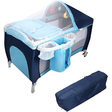 Goplus Lit Bebe Parapluie Avec Matelas Epaisseur 2cm Moutiquaire 3 Jouets Et Sac Pliable Convient Aux 0 36 Mois 1 X 60 X 76 Cm Bleu Amazon Fr Bebes Puericulture