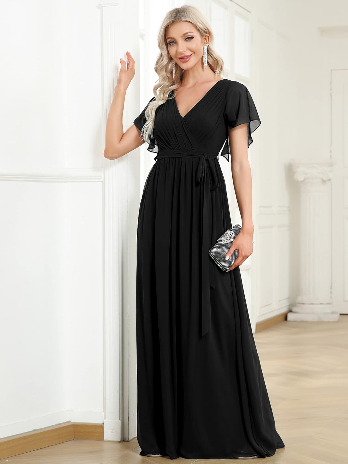 Ever-Pretty Women's Bridesmaid Dress V-Neck Ruffle Sleeves Ruched Bust Floor Length Chiffon Formal Dresses 0164A - Image 3