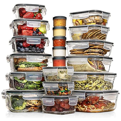 Image of Razab 35 Pc Set Glass Food Storage Containers with Lids - Meal Prep Airtight Bento Boxes BPA-Free 100% Leak Proof (15 lids,15 glass & 5 Plastic Sauce /Dip Containers)