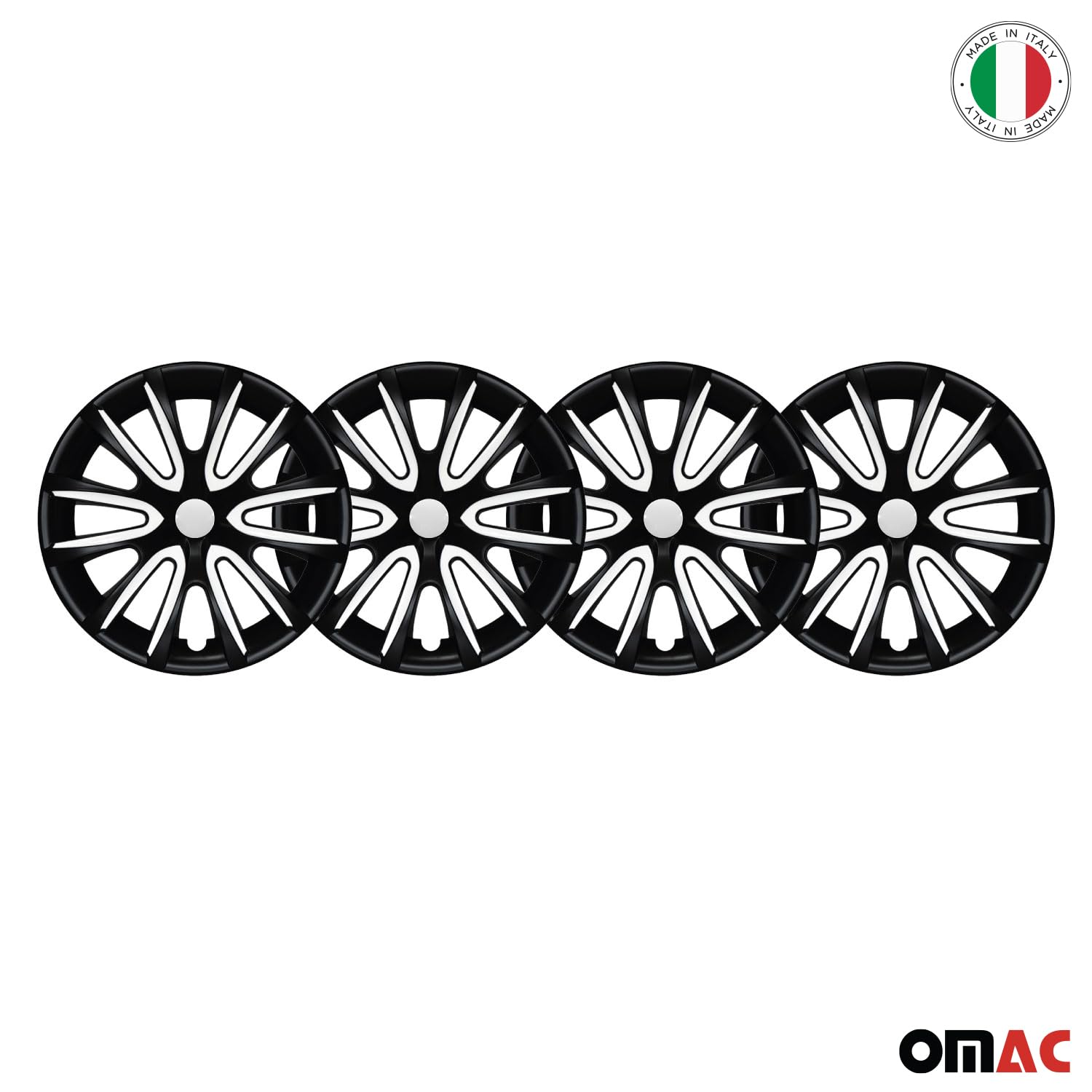 OMAC Lot de 4 enjoliveurs 14" compatibles avec voiture ABS | Enjoliveurs pour jantes en acier | 1 jeu (4 pièces) noir/blanc avant et arrière