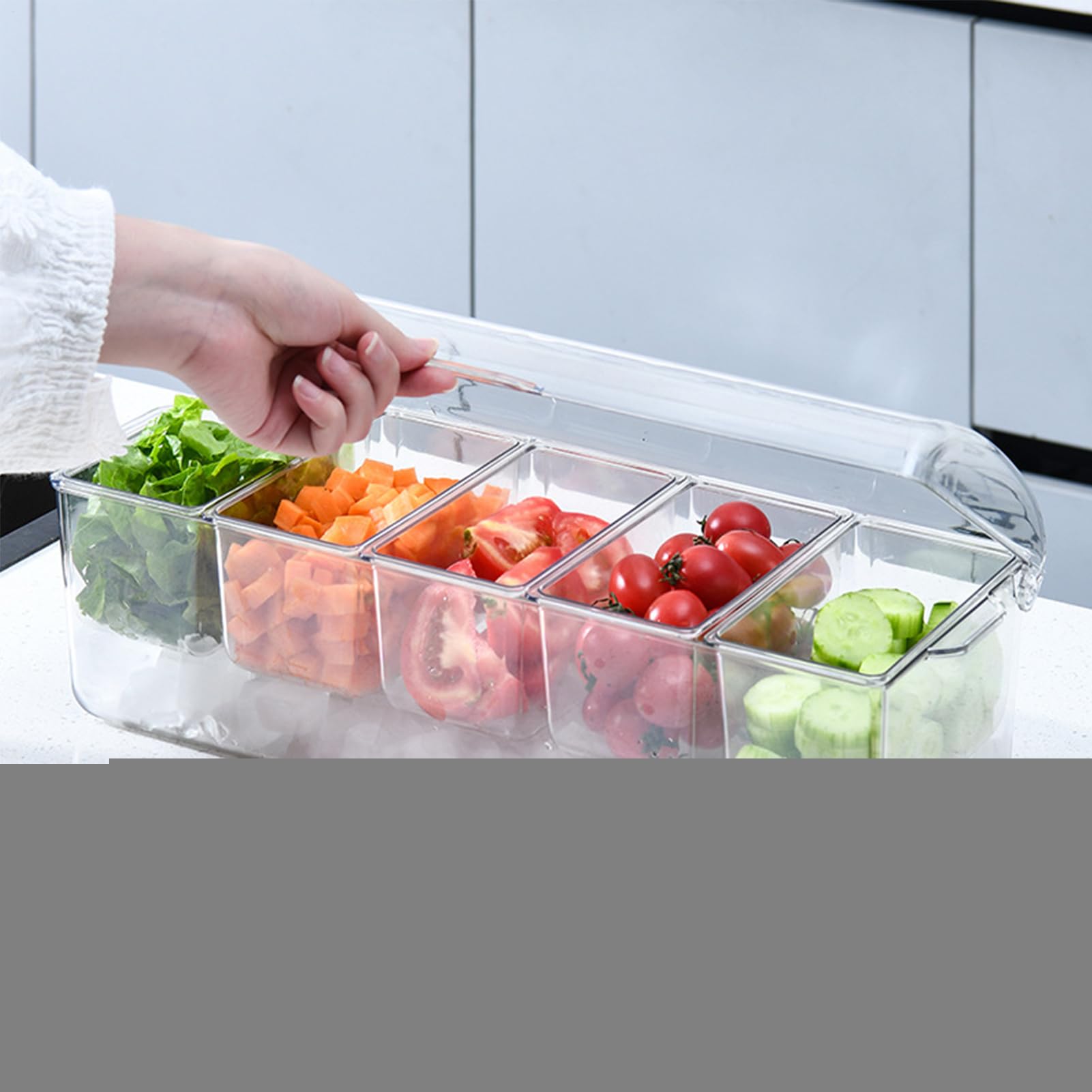 Servidor de condimentos refrigerados - Bandeja de almacenamiento refrigerado con hielo de 19 pulgadas con 5 compartimentos | Bandeja de servir desmontable de PP transparente, servidor de condimentos