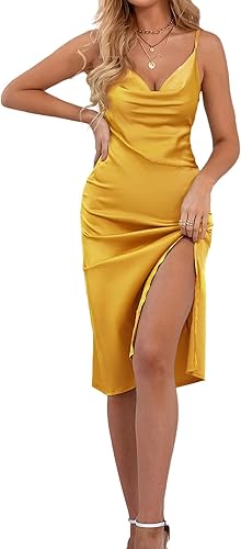 LYANER - Vestido de satén para mujer, sin mangas, por debajo de la rodilla, con cuello drapeado, holgado y tirantes delgados, estilo camisola, con