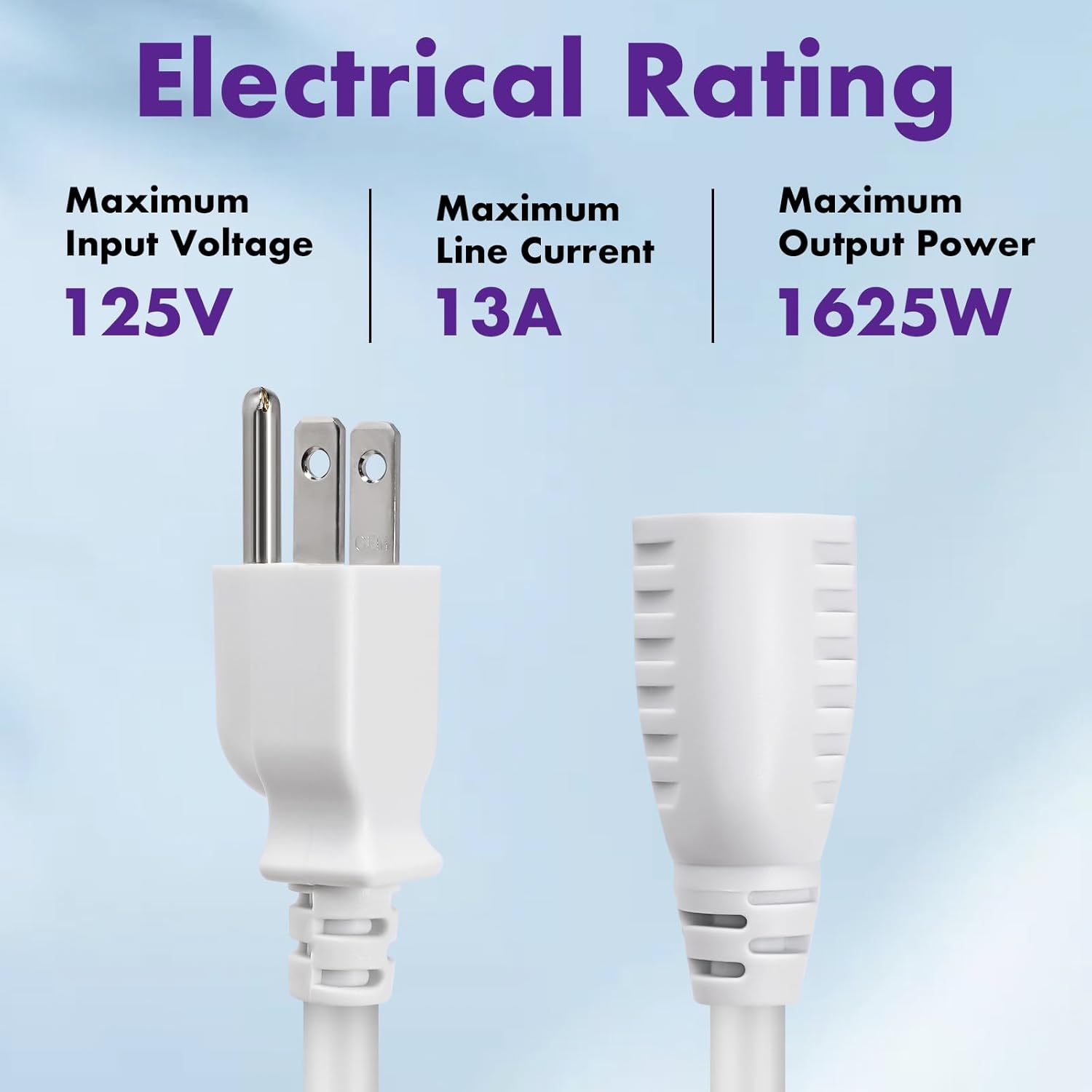 POWERCORDS Heavy-Duty Extension Cord, 3-Prong Outlet Saver, NEMA 5-15P to NEMA 5-15R, Long Power Extension Cord 1625W 13A 16 AWG, UL Listed, White, 50 ft