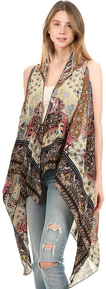 CCFW Various Pattern Long Scarf Vest with Uneven Open Asymmetrical Hem Vest Cardigan