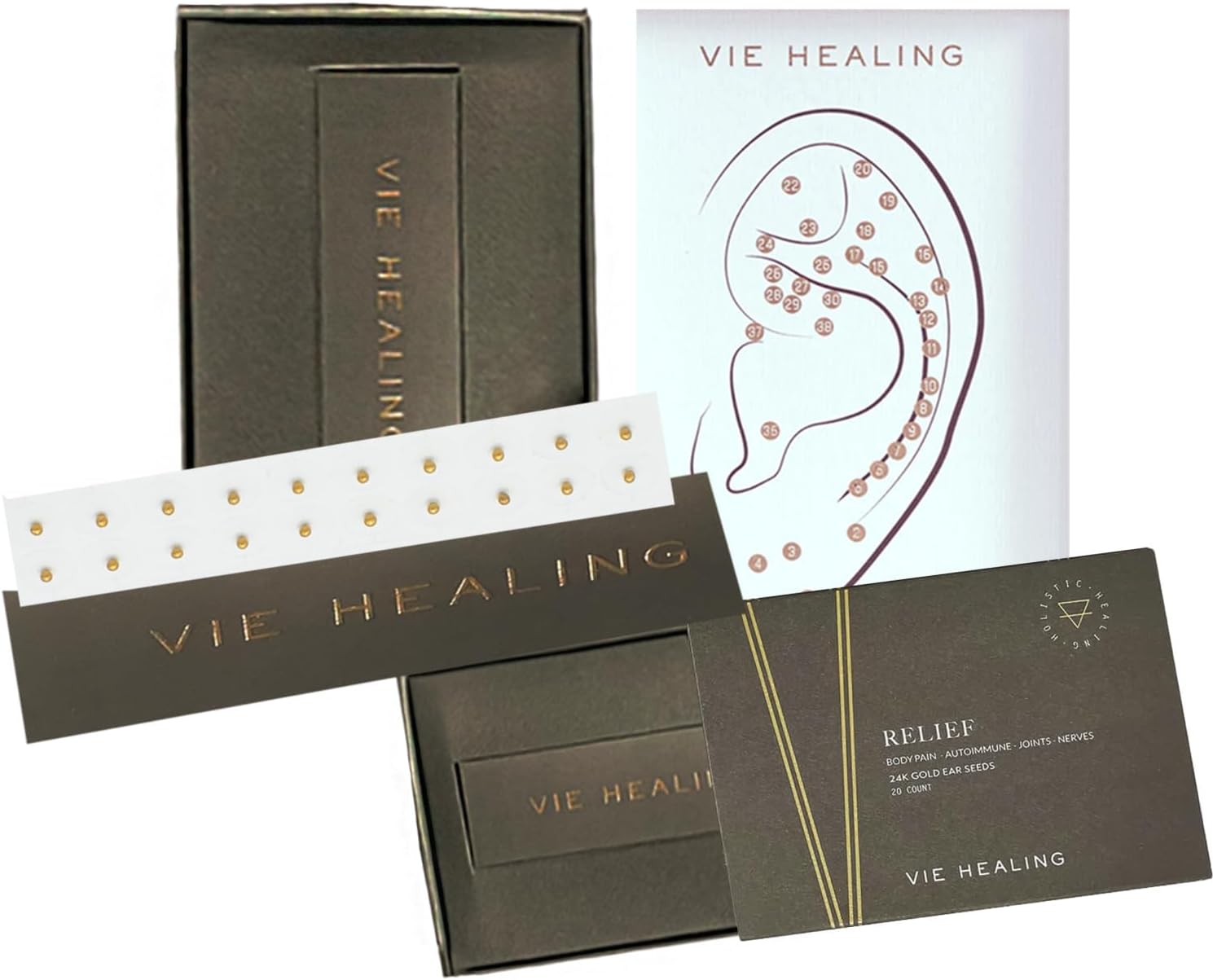 Vie Healing 24k Gold Acupressure Ear Seeds with Ear Seed Chart - Gold Ear Seeds for Reflexology - Eliminate Body Pain - Joint & Nerve Pain Relief Acupressure Ear Seeds (Relief) - 20 pcs