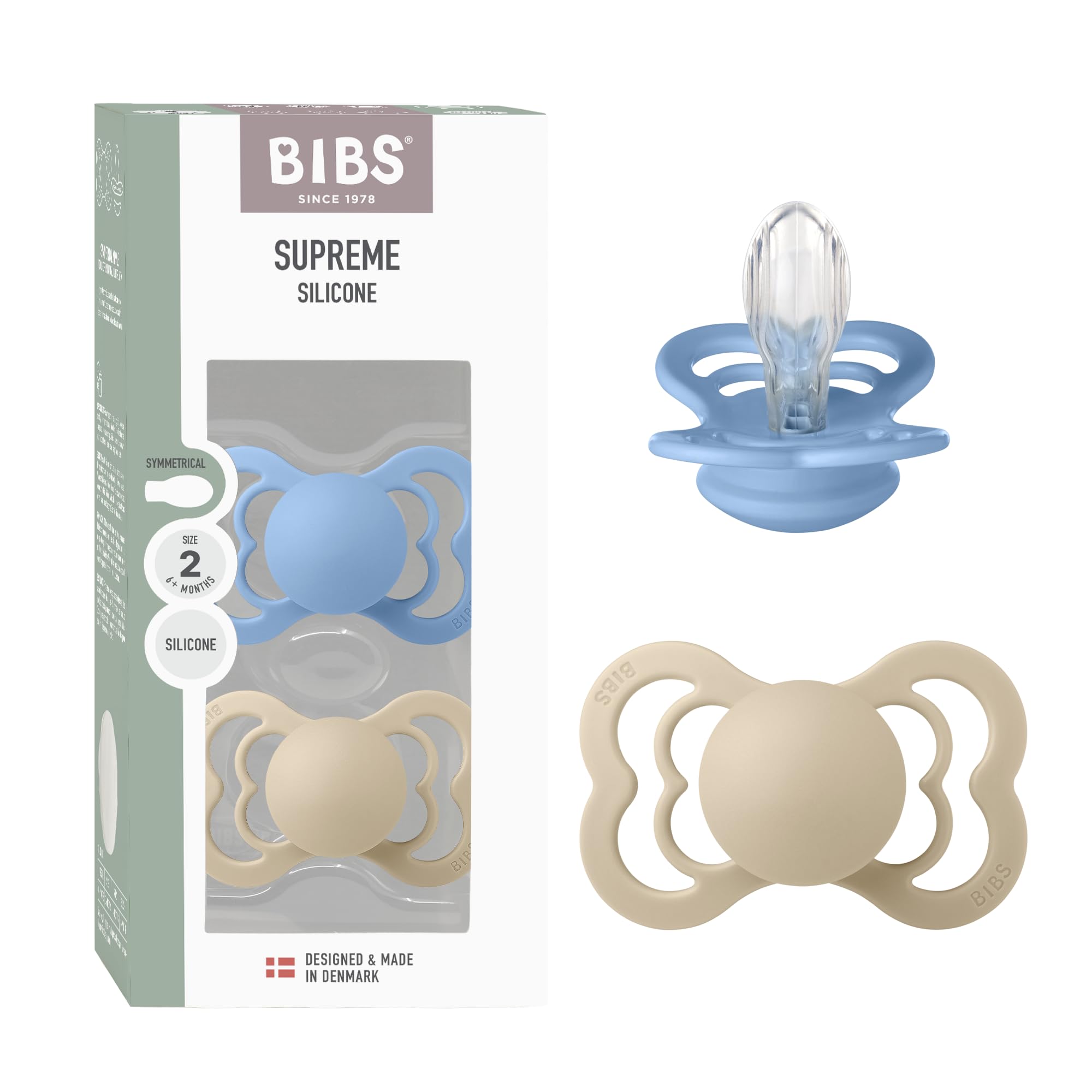 BIBS Supreme Schnuller, 6-18 Monate, 2er-Pack, Vanilla/Sky Blue