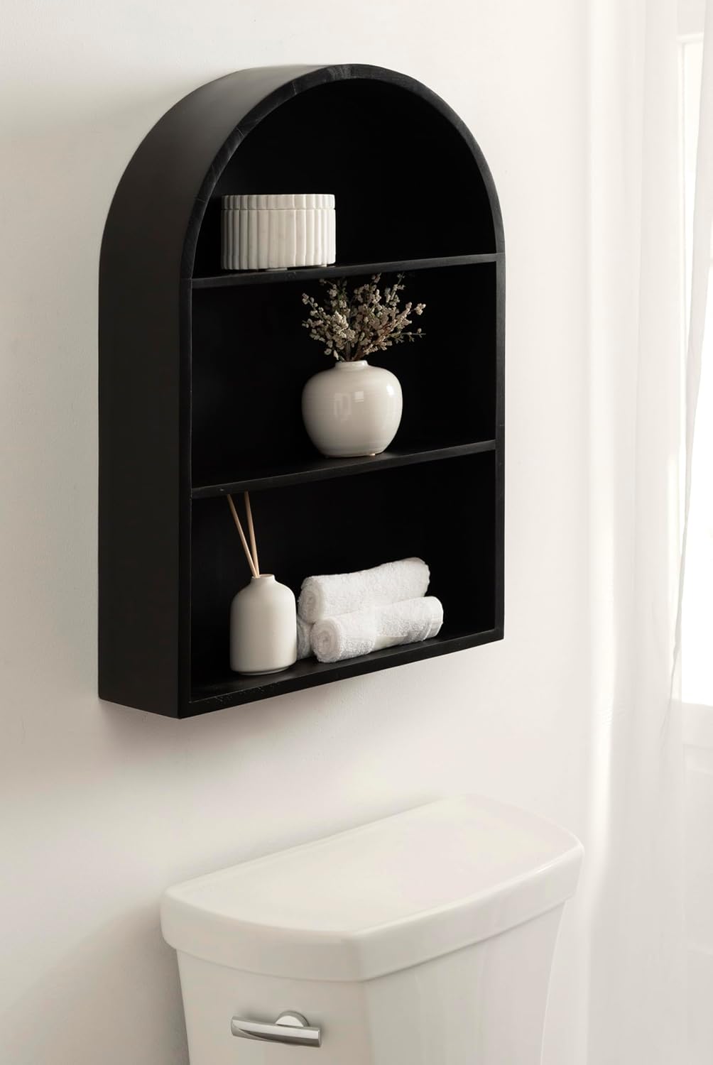 Kate and Laurel Arcott Modern Wooden Arched Wall Shelf, 18 x 26, Black, Transitional Mango Wood Arch Wall Shelves for Over-the-Toilet Storage or Entryway Storage Shelf