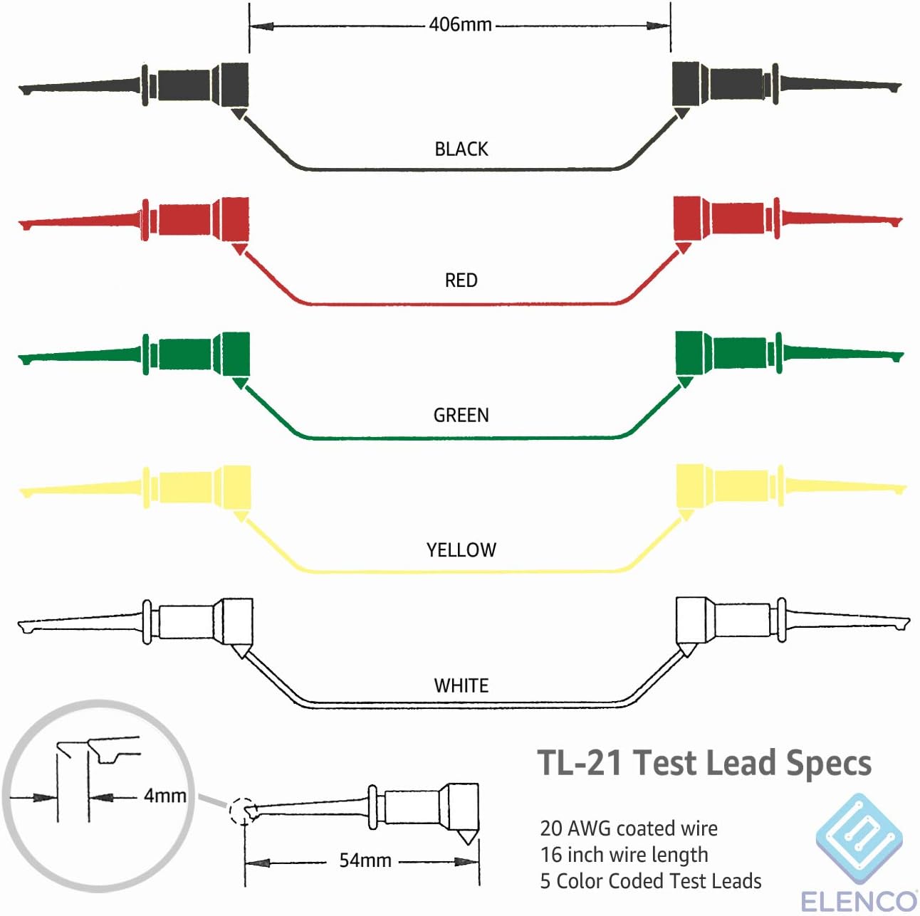 Elenco Electronics TL-21 Mini Grabber for IC Test Lead, RED, Green,Yellow,Black,White