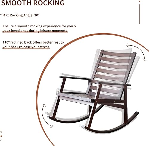 Miniatura 7 de Mecedora de madera maciza de alta resistencia para porche delantero y patio, balancín de madera de gran tamaño con respaldo para sala de estar,