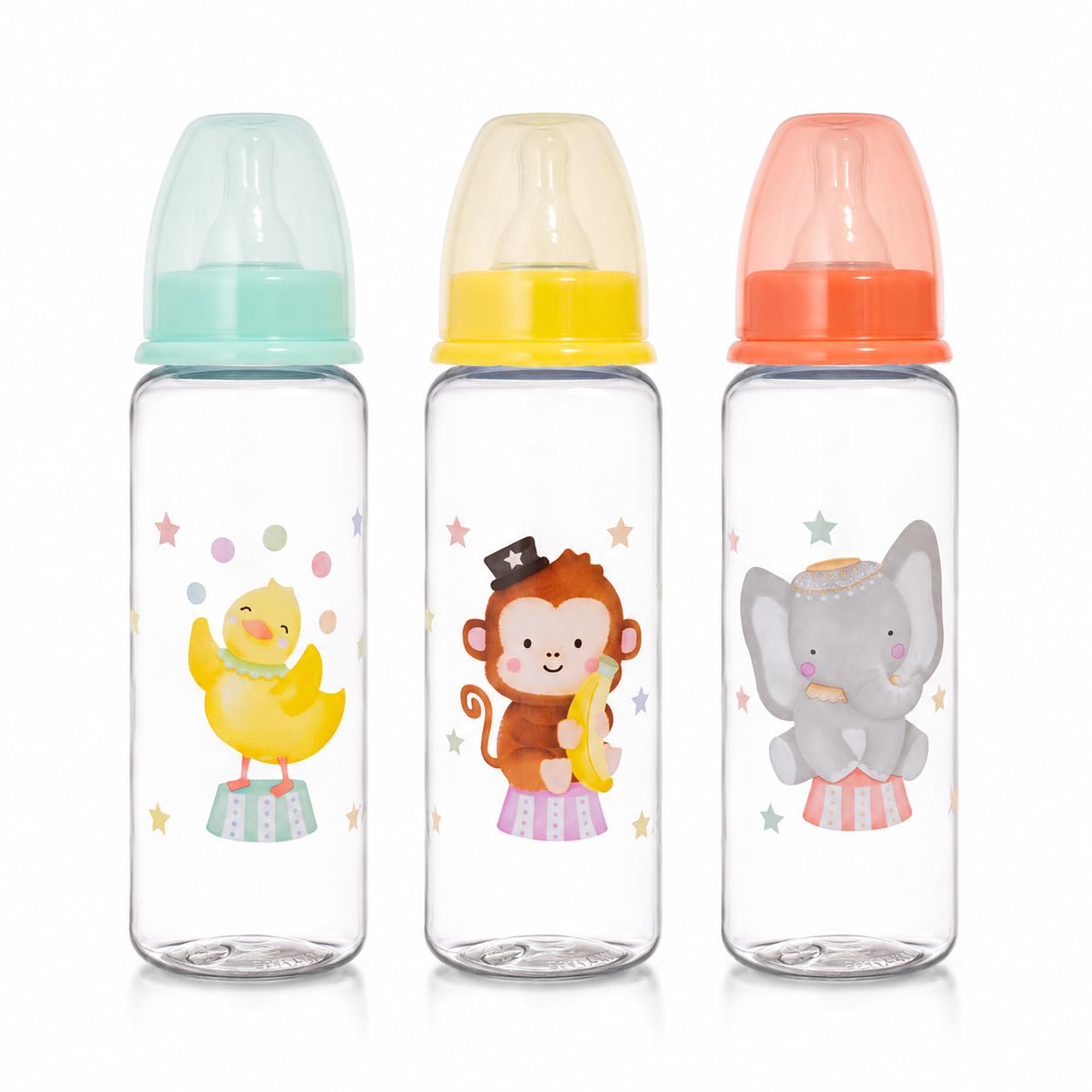 ZOPPER Baby Feeding Bottles 250ml Pack of 3 Anti-Colic Silicone Teat, BPA-Free Newborn Essentials, Circus Animal Designs (Elephant, Monkey, Chick), Standard Neck Infant Milk Bottle
