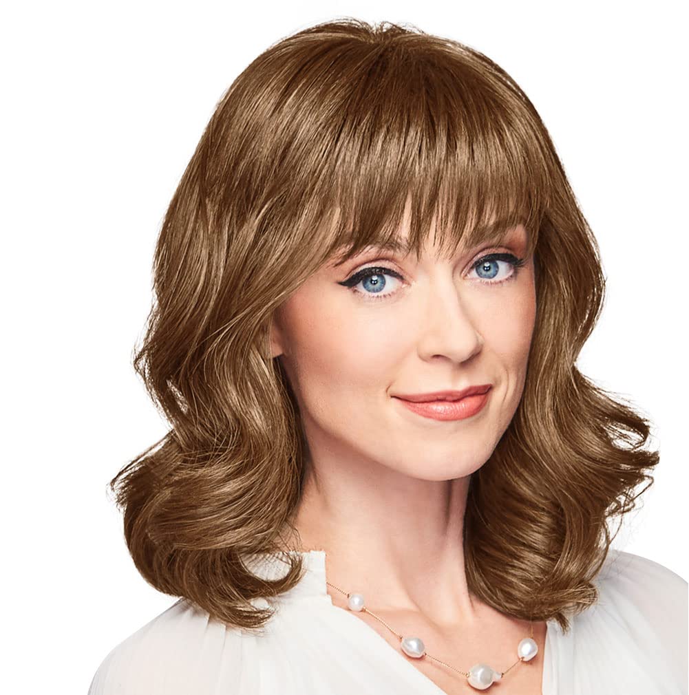 GABOR Ambitious Essential Collection Wig Cap, Mid-Length With Soft Bangs and Beachy Wave by Hairuwear, Brown Grey
