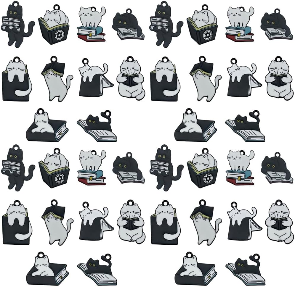 20pcs Alloy Enamel Printed Flower Black Background Black and White Cat Reading Series Pendant Jewelry Making DIY Keychain Earrings Pendant Various Design Charms for Jewelry Making Bracelets Necklace (SN1089)