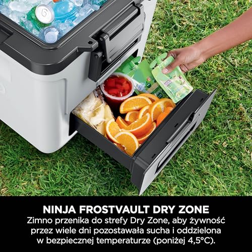 Ninja FrostVault wytrzymała lodówka z izolacją, na kółkach, z wbudowaną szufladą Dry Zone do przechowywania na sucho, zachowuje lód przez wiele dni, pomieści do 48 puszek, szarobiała, FB230EUWH