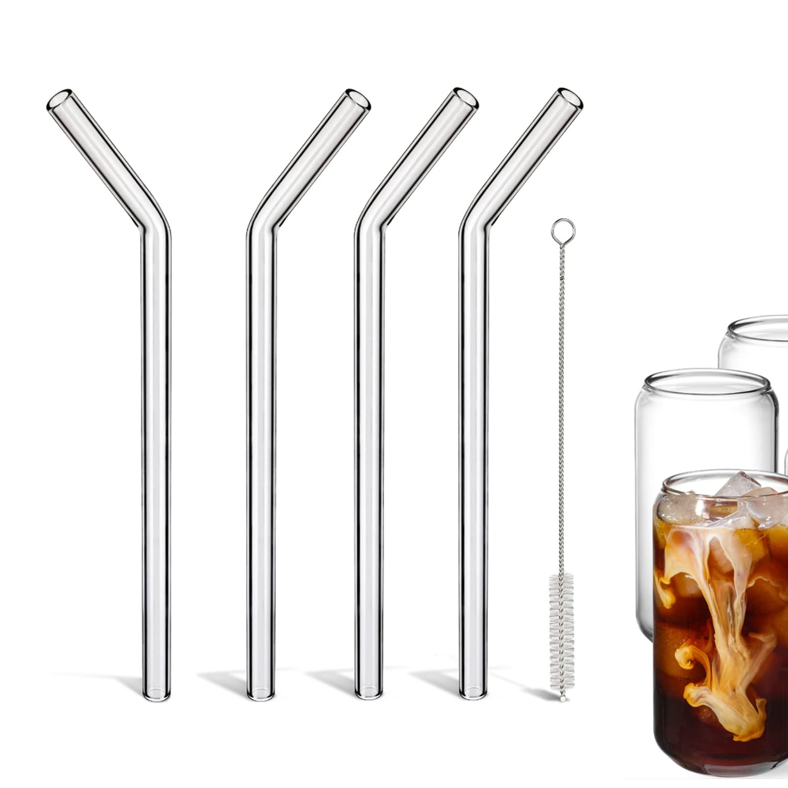 9 Inch 10mm Reusable Glass Straws Bent - Borosilicate Clear glass straws bent for Smoothies, Juice, Hot & Cold Beverages - Eco Friendly, BPA Free, Durable