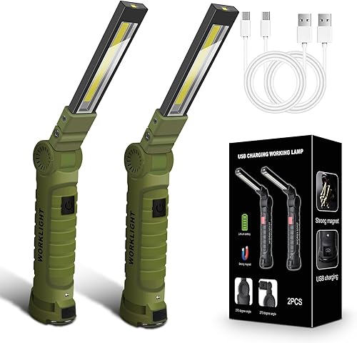 Paquete de 2 luces LED de trabajo, luz COB recargable por USB con base magnética, rotación de 360° y 5 modos, linterna plegable de inspección para