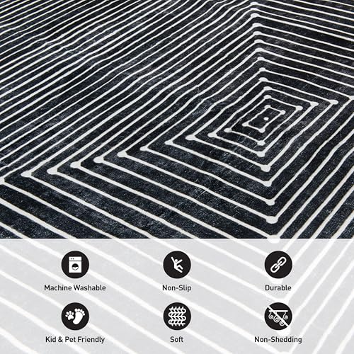 Rugshop Marbella Bohemian Stripes Washable Non Slip Runner Rug 2' x 10' Black
