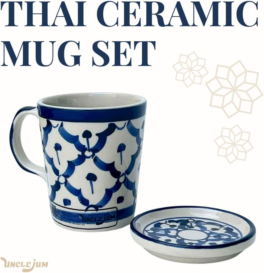 Ceramic Coffee Mug with Saucer – Thai Blue Pattern Small Cup Set, 8 cm Mug with Multi-Use Saucer Lid for Coffee or Tea (2)