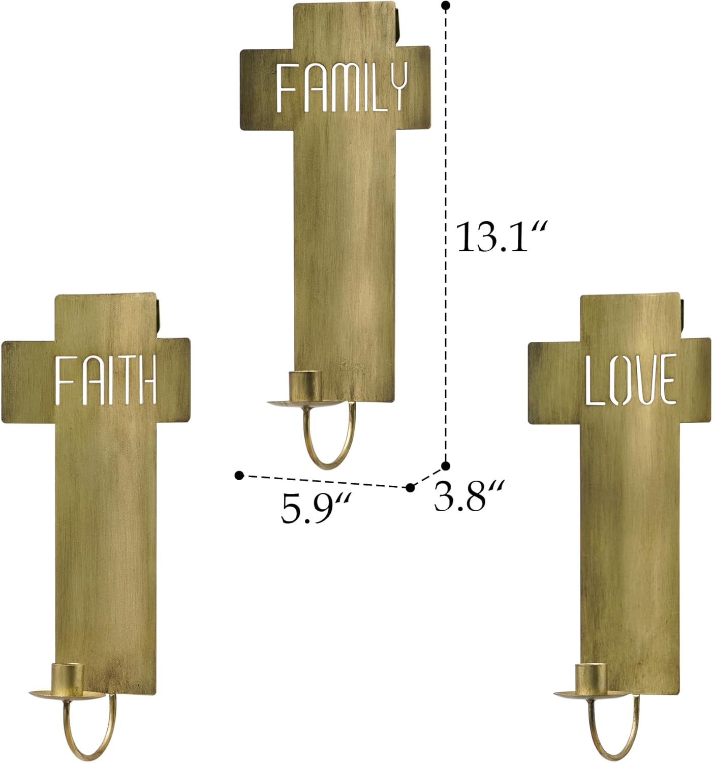 SOFFEE DESIGN Set of 3 Vintage Cross Wall Sconces with Love Family Faith Cutouts, Antique Gold Finish Candle Holders for Rustic Farmhouse Chapel Decor