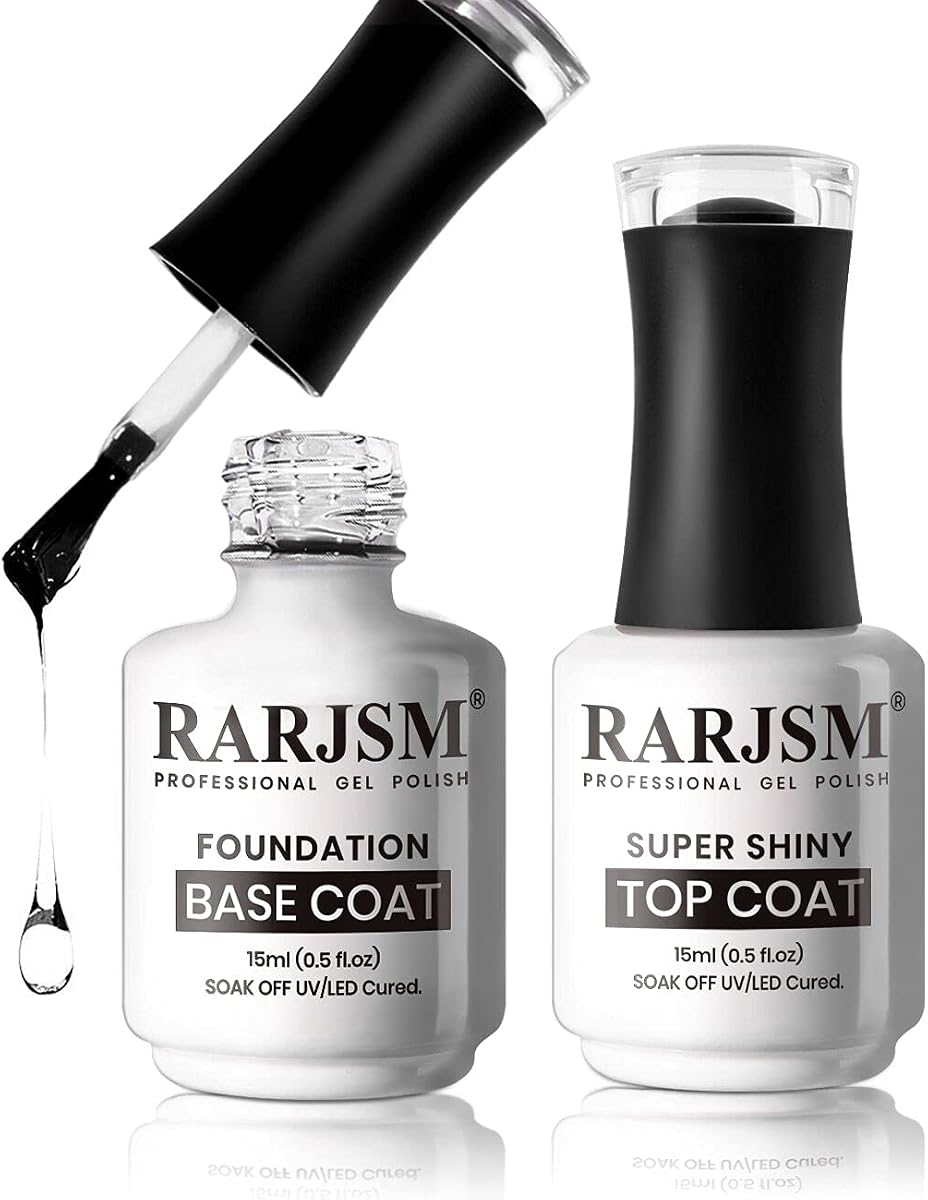 RARJSM Base y capa superior, brillo transparente, espejo brillante, esmalte de uñas de larga duración, 0.5 fl oz, gran capacidad, remojo, juego de 2 piezas, curado UV LED, requiere para el hogar, salón, manicura de uñas