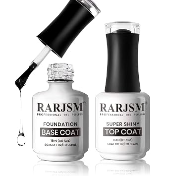RARJSM Base and Top Coat Clear Shine Glossy Mirror Long Lasting Nail Art Gel Polish 15ml Big Capacity Soak Off 2pcs Set LED UV Curing Requires for Home Salon DIY Nail Manicure