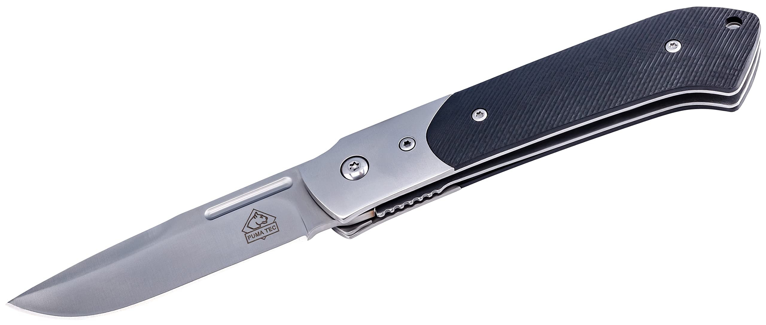 Puma Tec Taschenmesser, AISI 420 Stahl, rostfrei, Liner Lock, G10 Griffschalen, Edelstahlbacken, Fangriemenöse, scharfes Klappmesser & Outdoor-messer für Camping, Wandern oder Jagd, schwarz