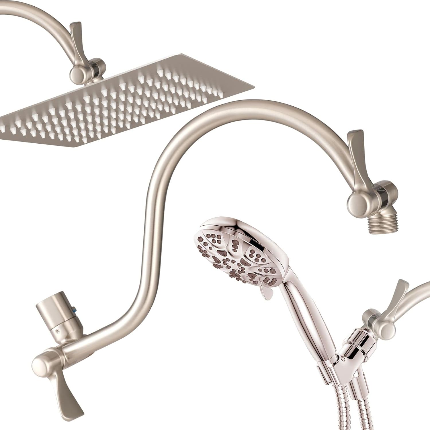 Voolan All Metal Shower Head Extension Arm, 14 Inch Curved Solid Brass Adjustable Shower Arm, Universal Connection Pipe, Flexible Height, Brushed Nickel