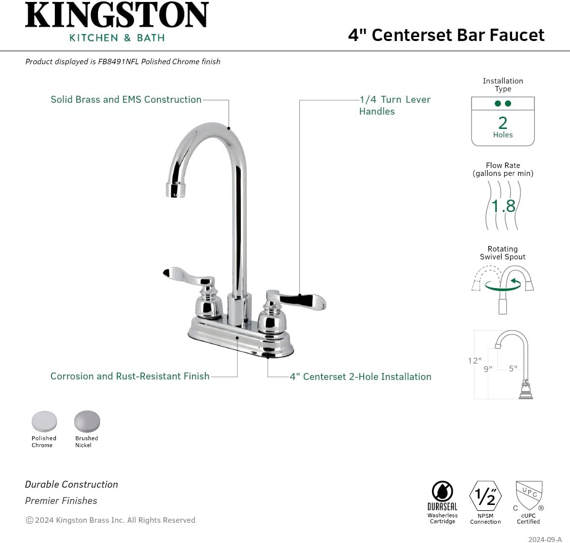 Kingston Brass FB8498NFL Nuwave French 4-Inch Centerset High-Arc Bar Faucet, Brushed Nickel