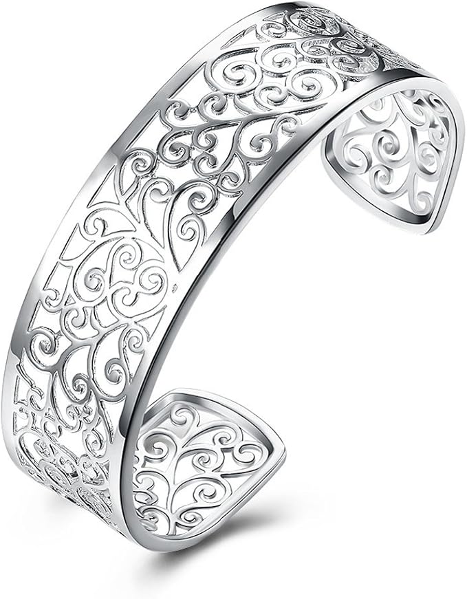 925 Sterling Silver Bangle Bracelet, HTOMT Fashion Simple Open Bangles Cuff Jewelry for Women