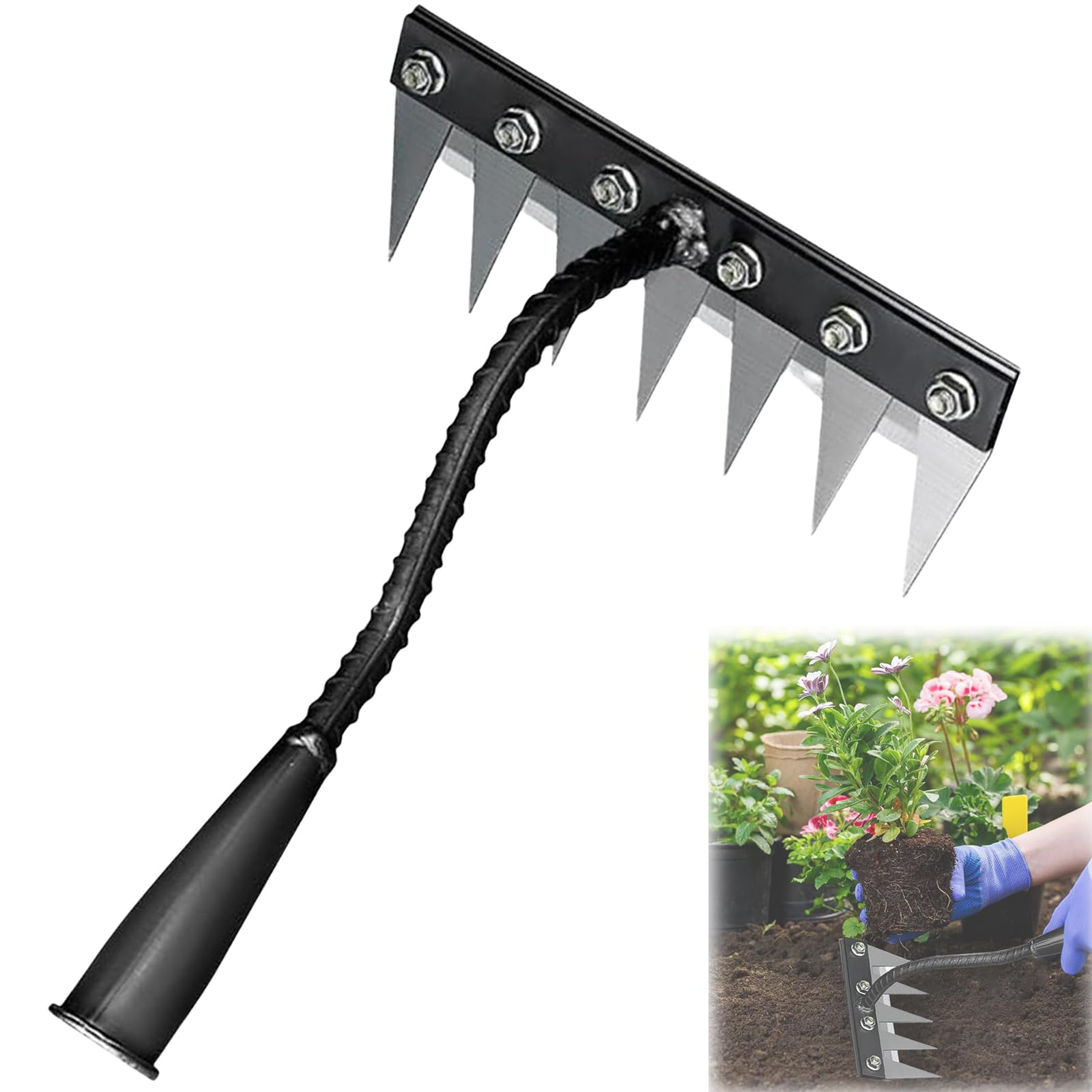 Rastrello da giardino in acciaio al carbonio, rastrello in ferro per giardinaggio e diserbo, denti in acciaio al carbonio, rastrelli per diserbo da giardino, per diserbo da giardino (7 denti)