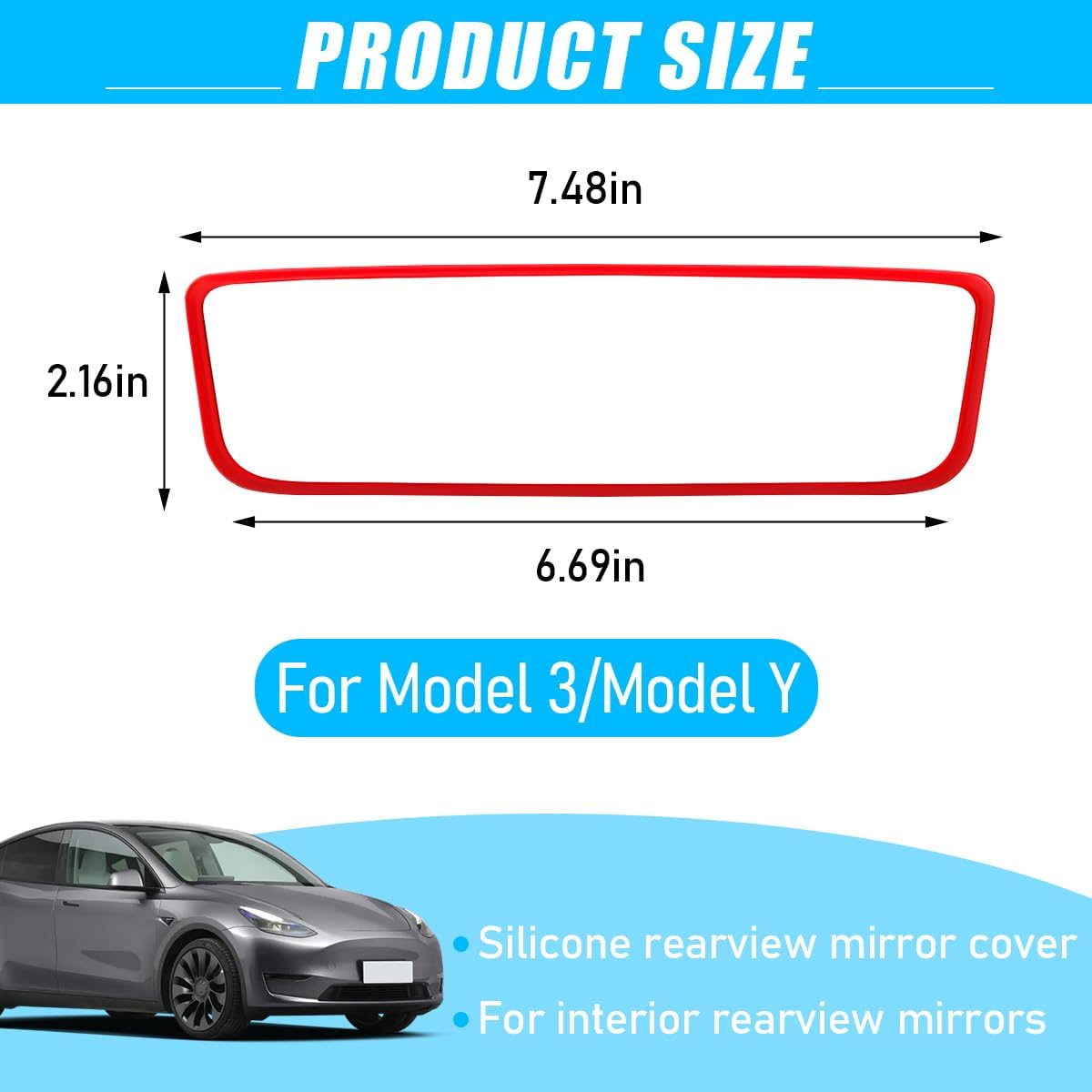 Car Rear View Mirror Protector Frame, Soft Silicone Vehicle Rearview Mirror Edge Protective Cover, Auto Interior Rearview Trim Decorative Accessories, Compatible with Model 3 Model Y (Red)